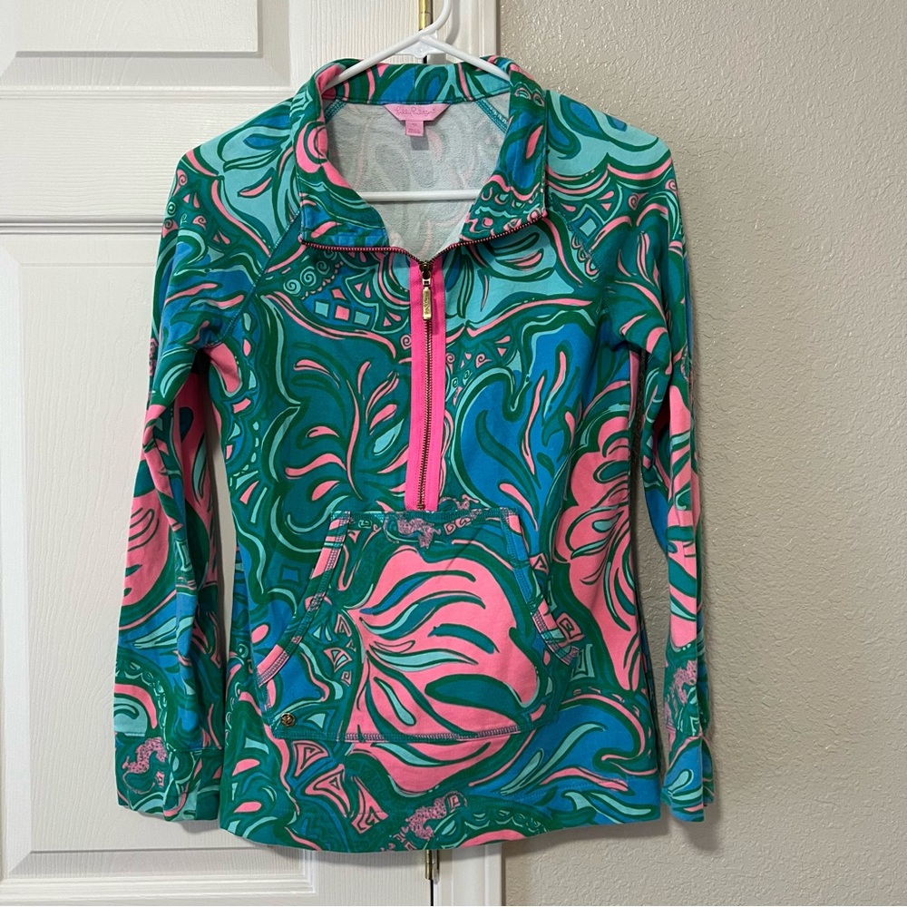 Lilly Pulitzer Teal and Pink Patterned Quarter Zip - XS